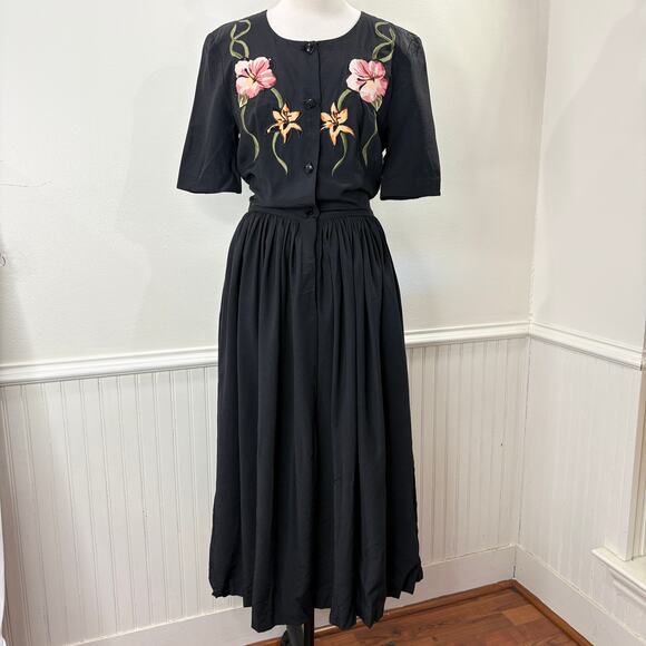 JLT Just Like That Shirt Dress Vintage Floral Embroidered Applique Midi Black - Picture 1 of 10